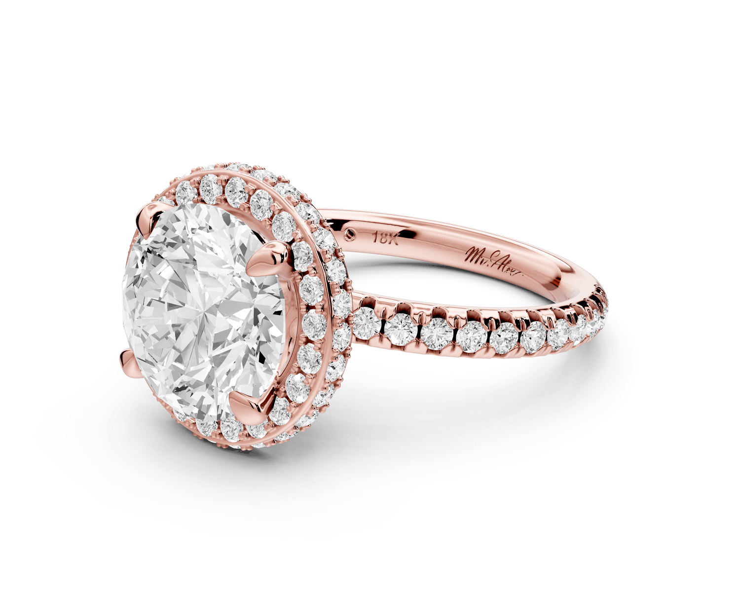 Amelie - 3ct 14k rose gold round Diamond with Rollover Halo and Pavé Engagment Ring - Mr. Alex Jewelry