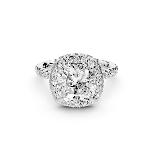 Amelie - 3ct 14k white gold cushion Diamond with Rollover Halo and Pavé engagement Ring - Mr. Alex Jewelry