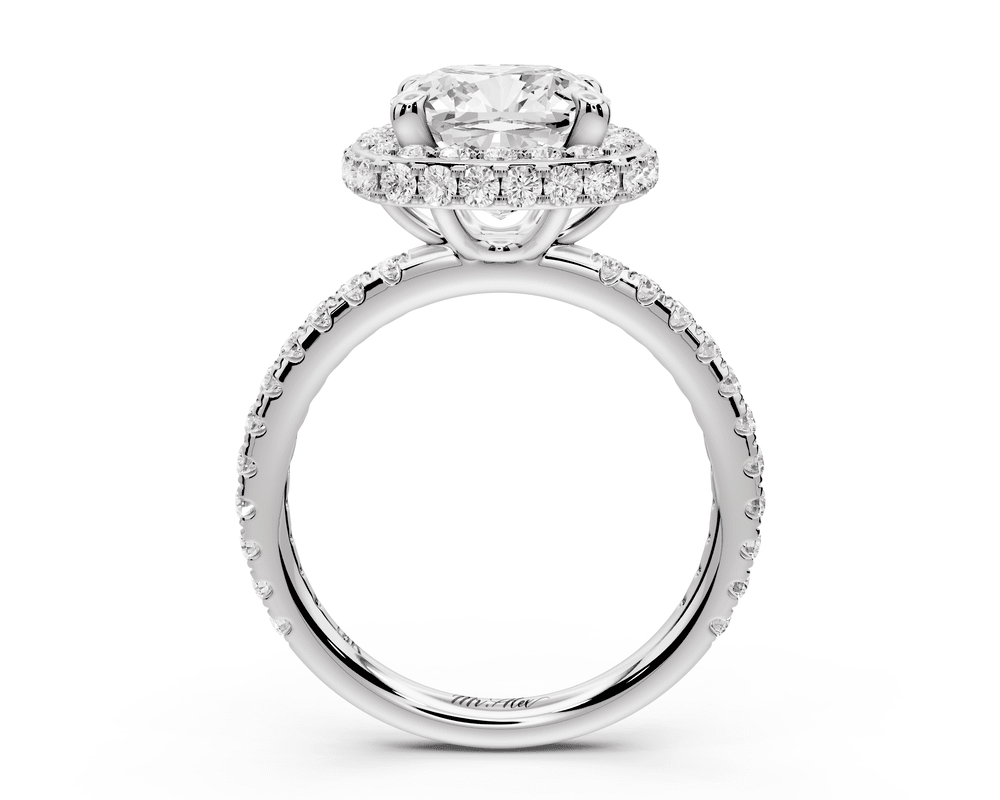 Amelie - 3ct 14k white gold cushion Diamond with Rollover Halo and Pavé engagement Ring - Mr. Alex Jewelry