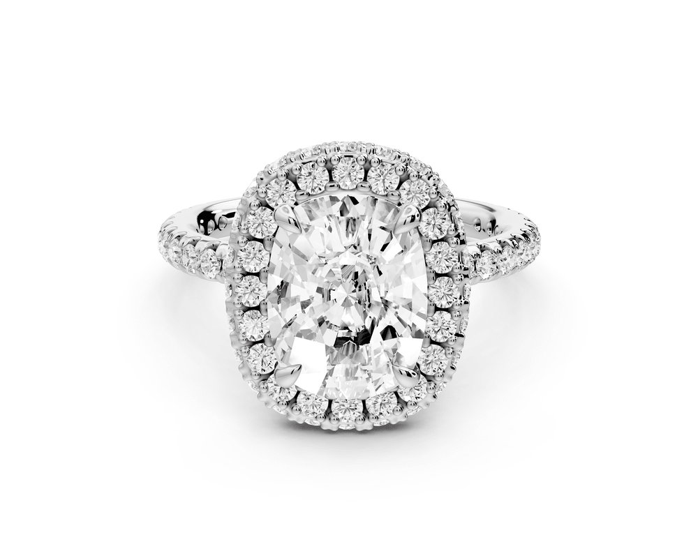 Amelie - 3ct 14k white gold ecushion Diamond with Rollover Halo and Pavé engagement Ring - Mr. Alex Jewelry