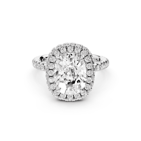 Amelie - 3ct 14k white gold ecushion Diamond with Rollover Halo and Pavé engagement Ring - Mr. Alex Jewelry