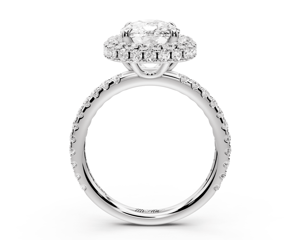 Amelie - 3ct 14k white gold ecushion Diamond with Rollover Halo and Pavé engagement Ring - Mr. Alex Jewelry