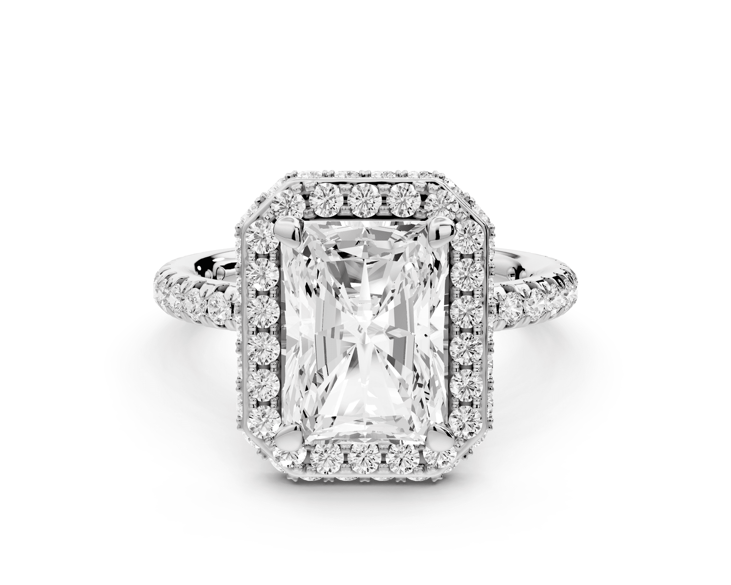 Amelie - 3ct 14k white gold radiant Diamond with Rollover Halo and Pavé engagement Ring - Mr. Alex Jewelry