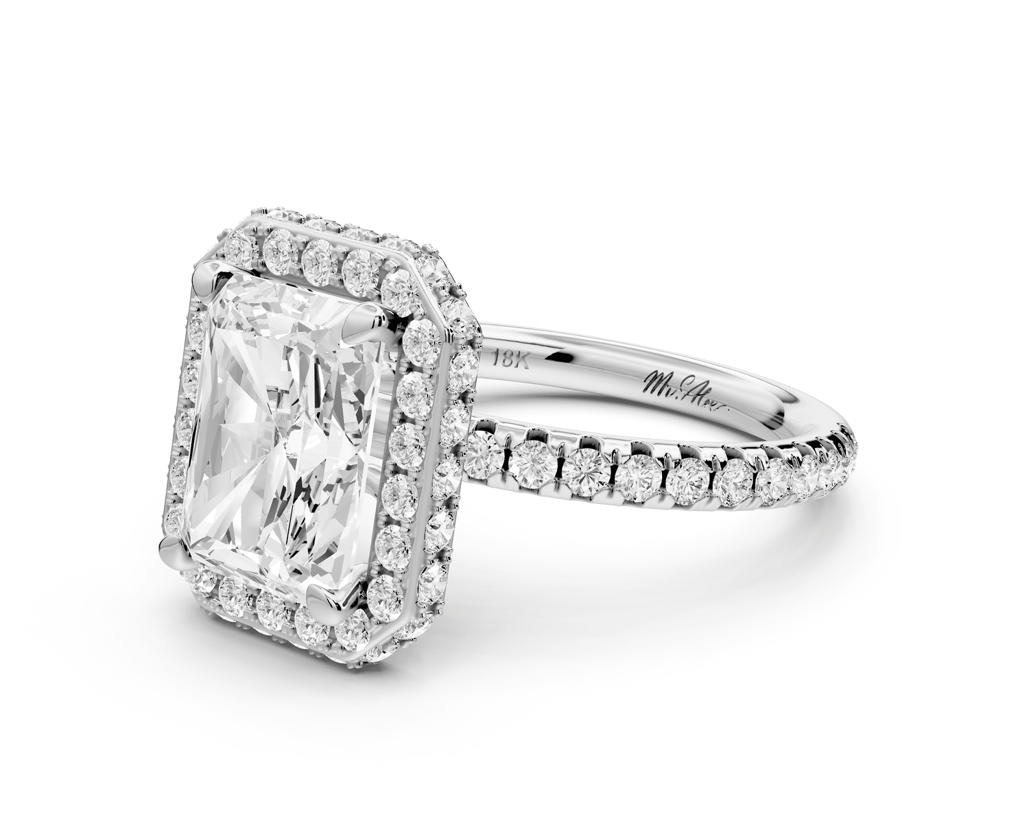 Amelie - 3ct 14k white gold radiant Diamond with Rollover Halo and Pavé engagement Ring - Mr. Alex Jewelry