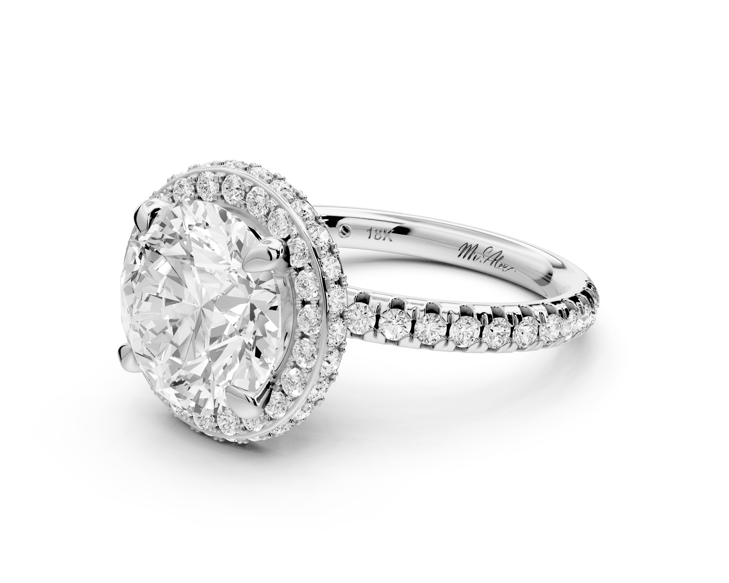 Amelie - 3ct 14k white gold round Diamond with Rollover Halo and Pavé Engagment Ring - Mr. Alex Jewelry