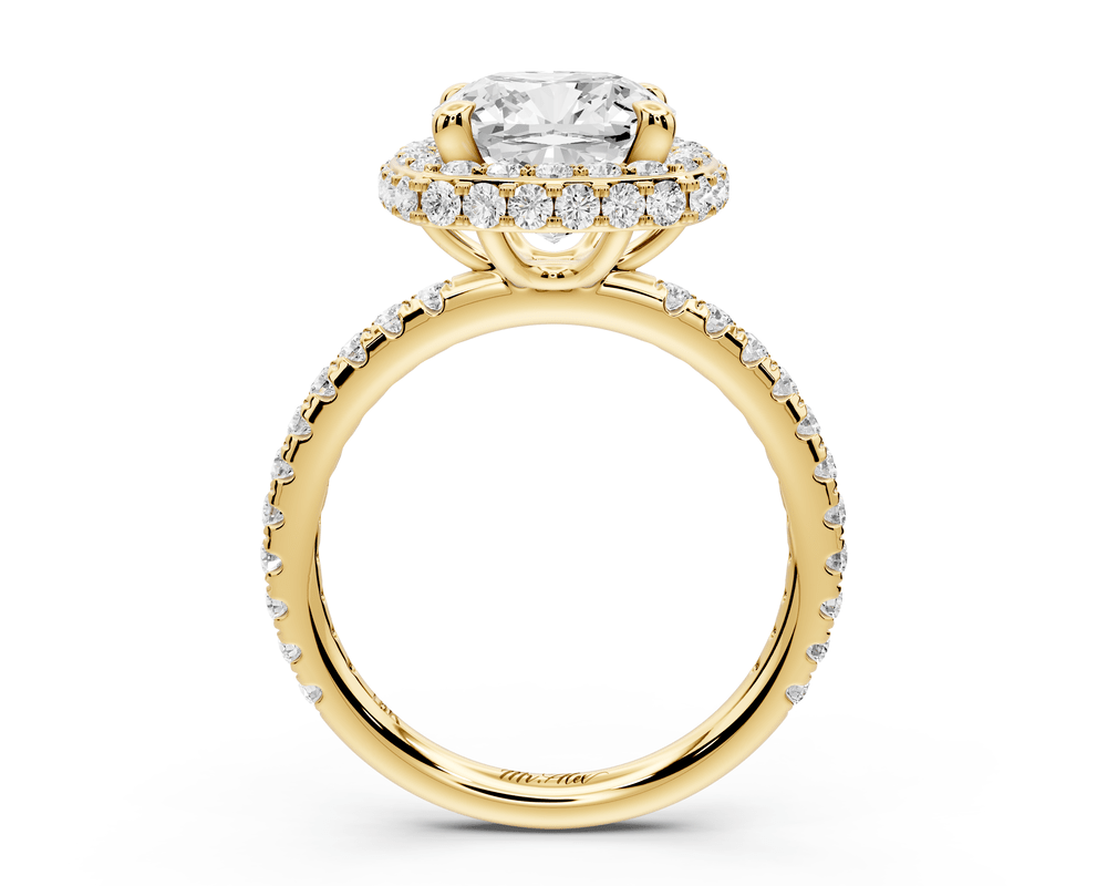 Amelie - 3ct 14k yellow gold cushion Diamond with Rollover Halo and Pavé engagement Ring - Mr. Alex Jewelry