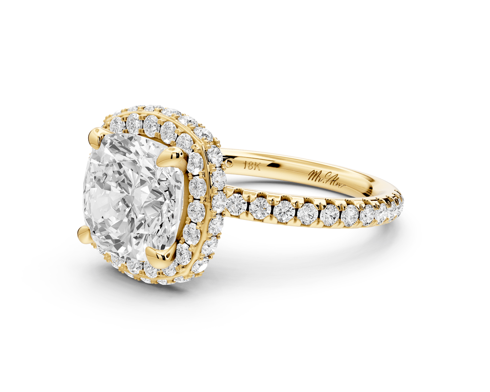 Amelie - 3ct 14k yellow gold cushion Diamond with Rollover Halo and Pavé engagement Ring - Mr. Alex Jewelry