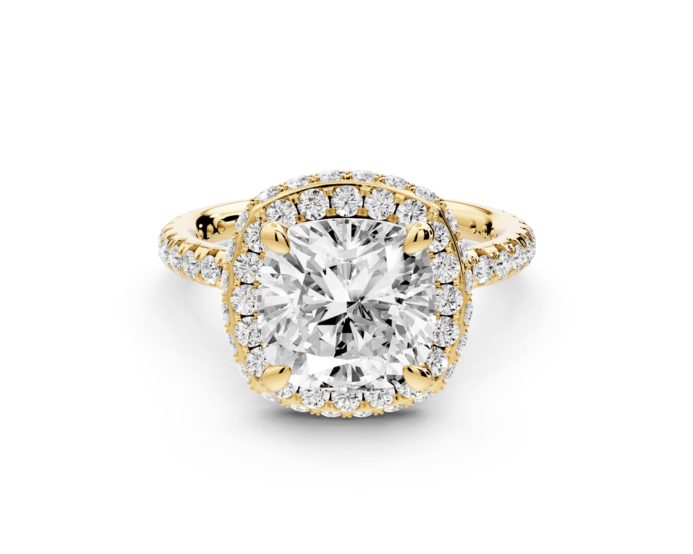 Amelie - 3ct 14k yellow gold cushion Diamond with Rollover Halo and Pavé engagement Ring - Mr. Alex Jewelry