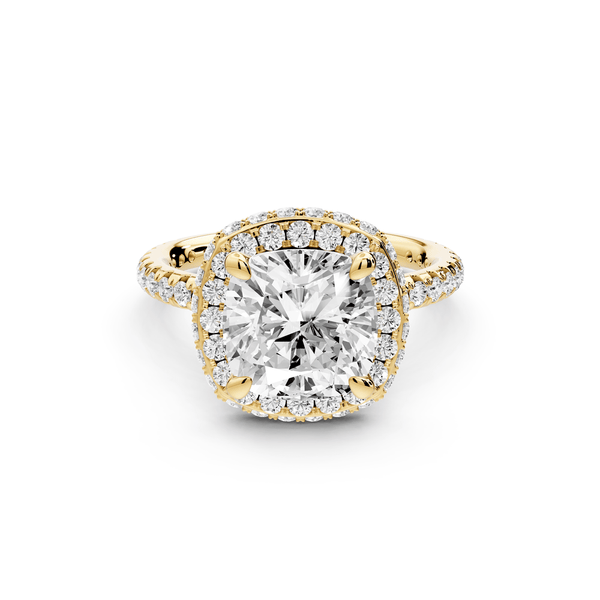 Amelie - 3ct 14k yellow gold cushion Diamond with Rollover Halo and Pavé engagement Ring - Mr. Alex Jewelry