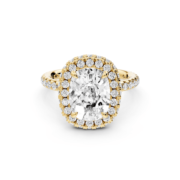 Amelie - 3ct 14k yellow gold ecushion Diamond with Rollover Halo and Pavé engagement Ring - Mr. Alex Jewelry