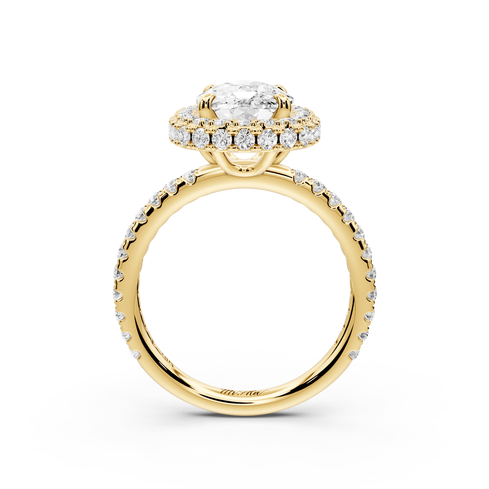 Amelie - 3ct 14k yellow gold ecushion Diamond with Rollover Halo and Pavé engagement Ring - Mr. Alex Jewelry