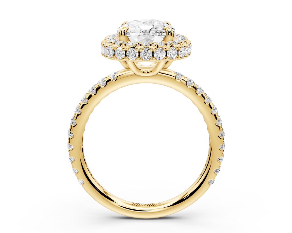 Amelie - 3ct 14k yellow gold ecushion Diamond with Rollover Halo and Pavé engagement Ring - Mr. Alex Jewelry
