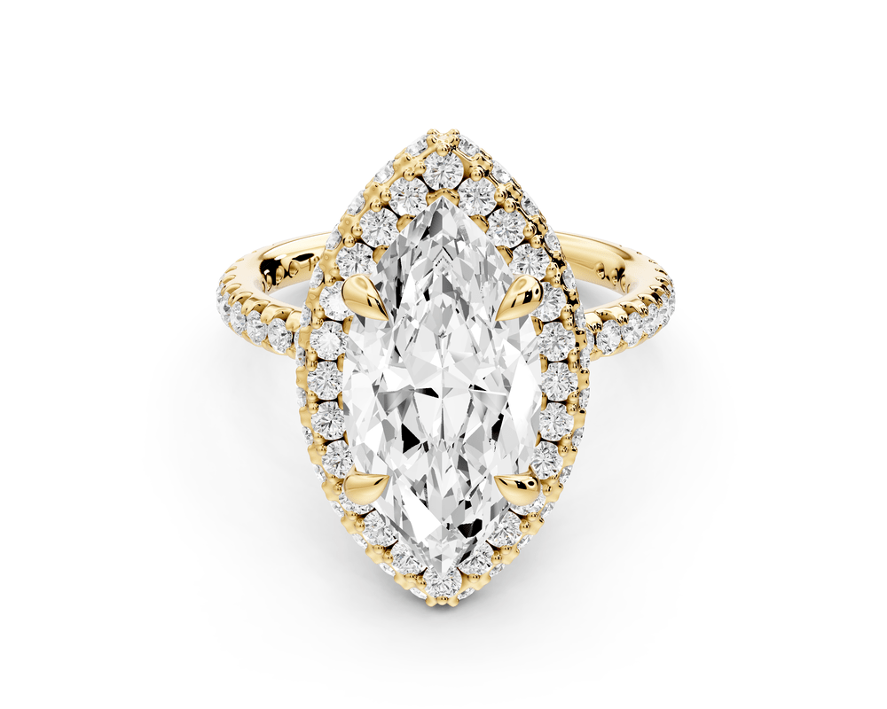 Amelie - 3ct 14k yellow gold marquise Diamond with Rollover Halo and Pavé engagement Ring - Mr. Alex Jewelry