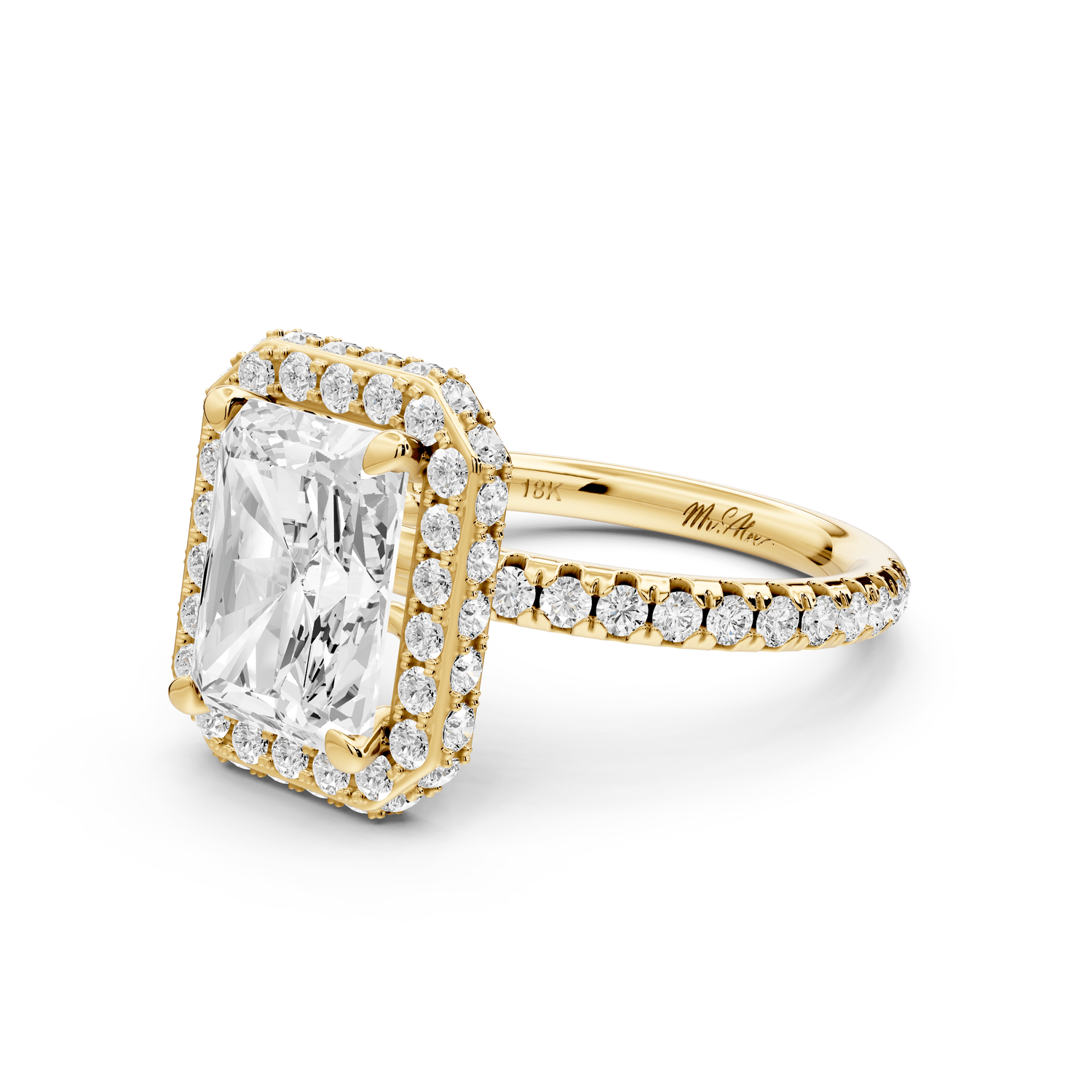 Amelie - 3ct 14k yellow gold radiant Diamond with Rollover Halo and Pavé engagement Ring - Mr. Alex Jewelry