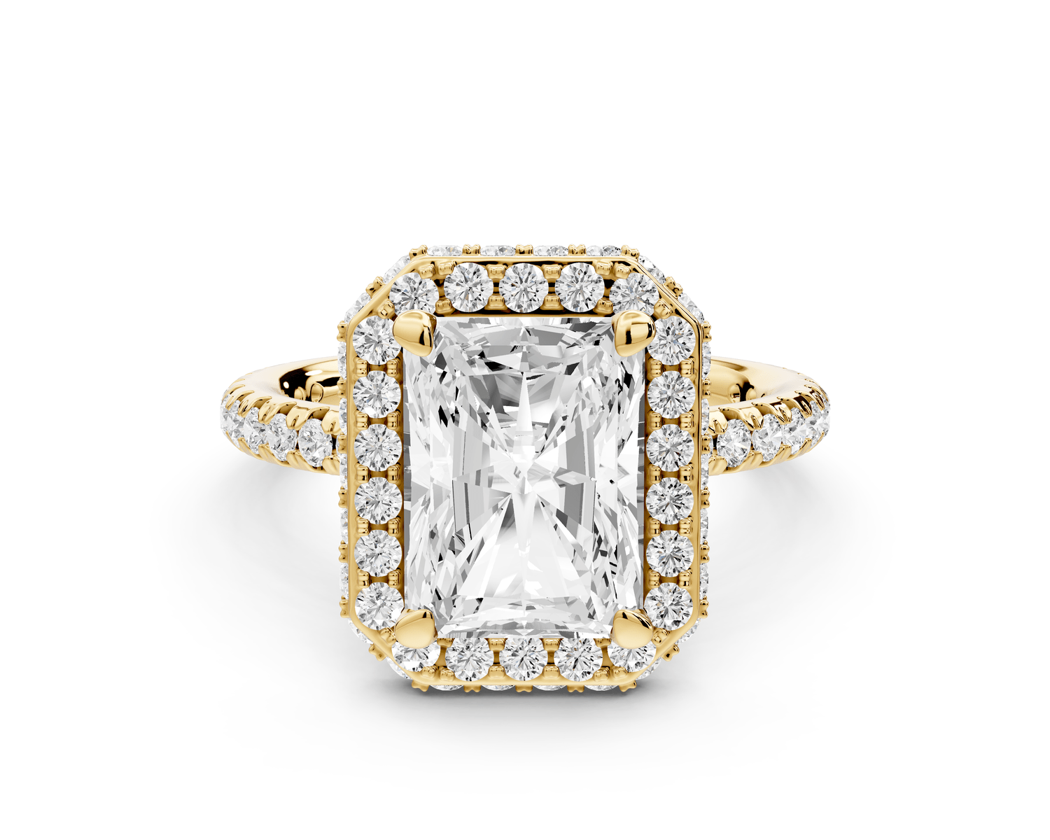 Amelie - 3ct 14k yellow gold radiant Diamond with Rollover Halo and Pavé engagement Ring - Mr. Alex Jewelry