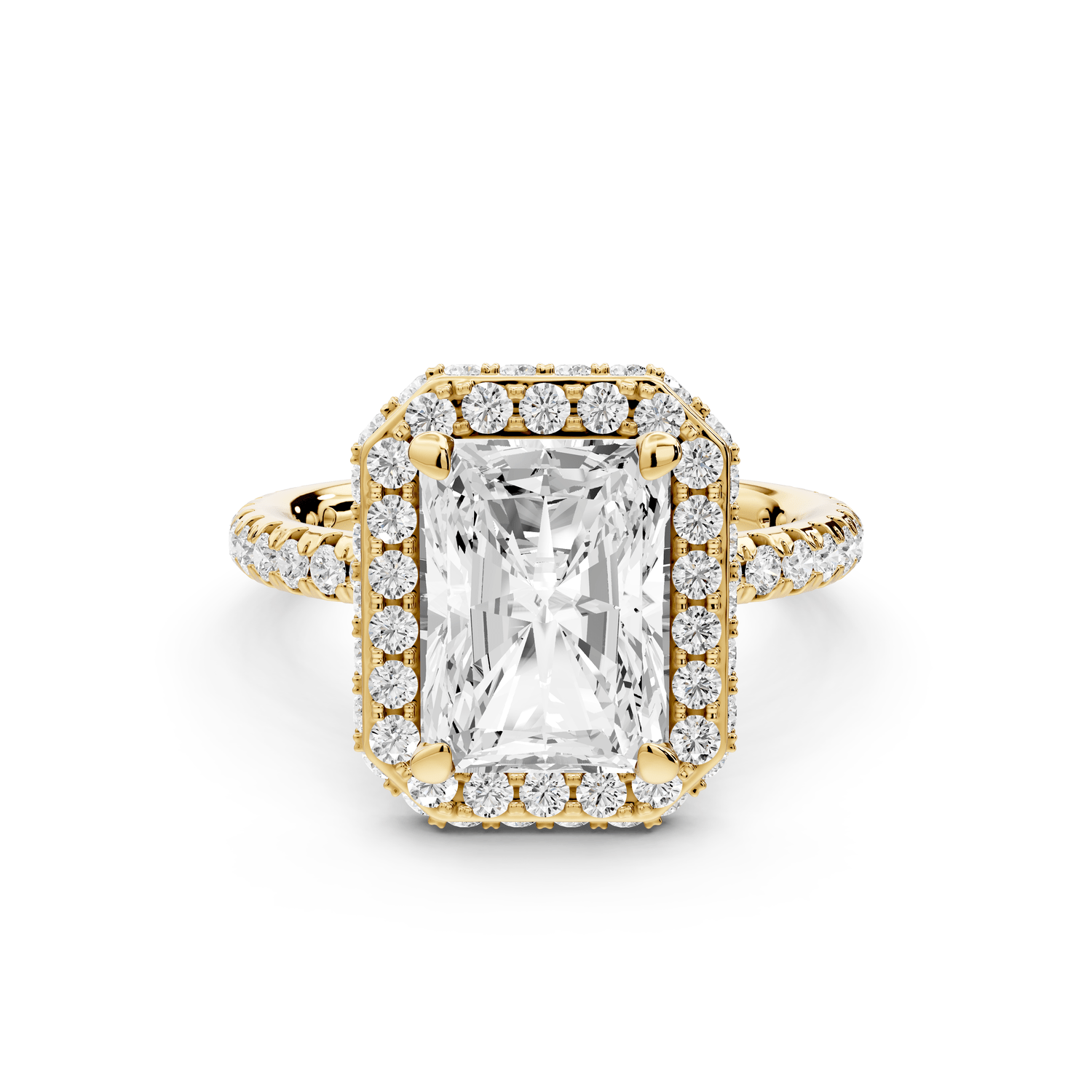 Amelie - 3ct 14k yellow gold radiant Diamond with Rollover Halo and Pavé engagement Ring - Mr. Alex Jewelry