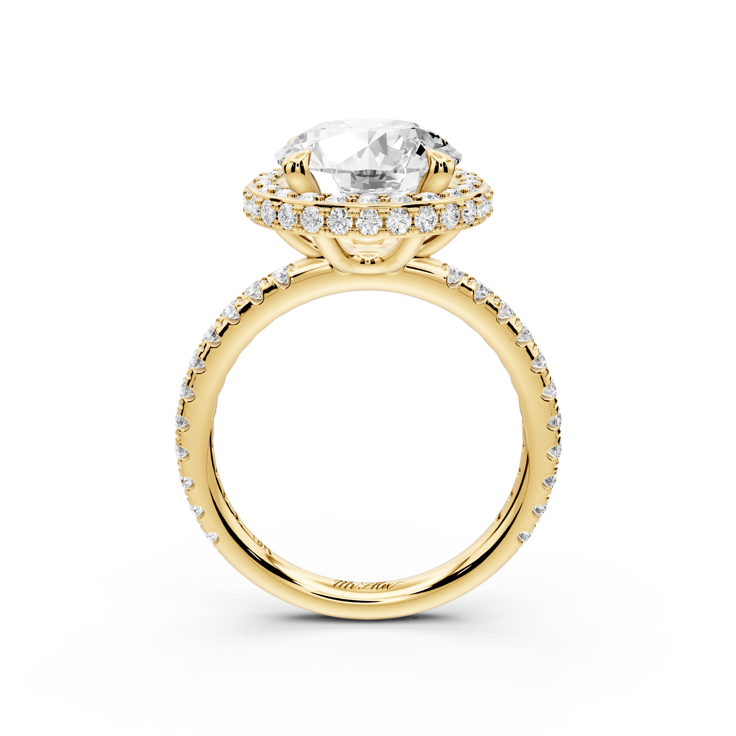 Amelie - 3ct 14k yellow gold round Diamond with Rollover Halo and Pavé Engagment Ring - Mr. Alex Jewelry