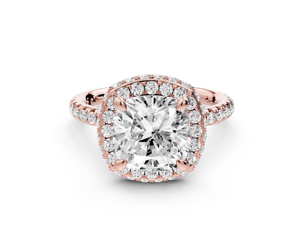 Amelie - 3ct 18k rose gold cushion Diamond with Rollover Halo and Pavé engagement Ring - Mr. Alex Jewelry