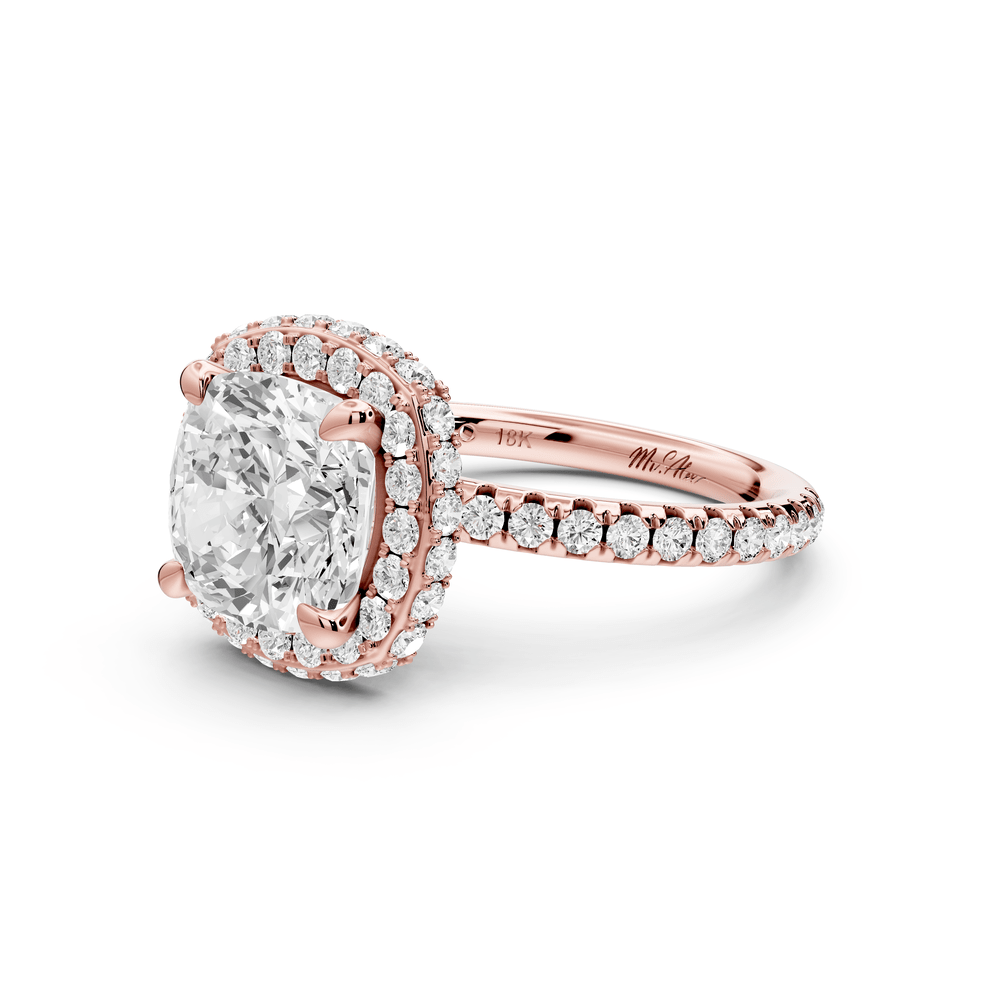 Amelie - 3ct 18k rose gold cushion Diamond with Rollover Halo and Pavé engagement Ring - Mr. Alex Jewelry