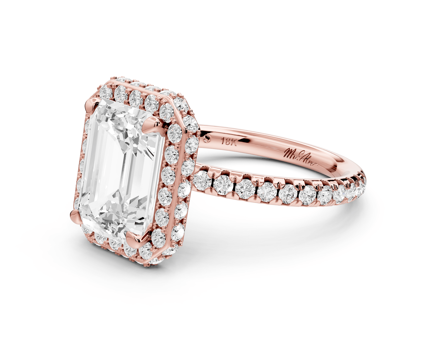 Amelie - 3ct 18k rose gold emerald Diamond with Rollover Halo and Pavé Engagement Ring - Mr. Alex Jewelry