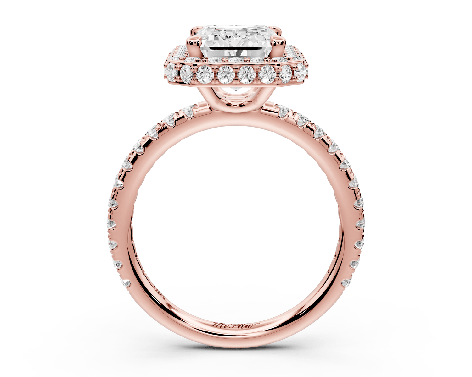Amelie - 3ct 18k rose gold emerald Diamond with Rollover Halo and Pavé Engagement Ring - Mr. Alex Jewelry
