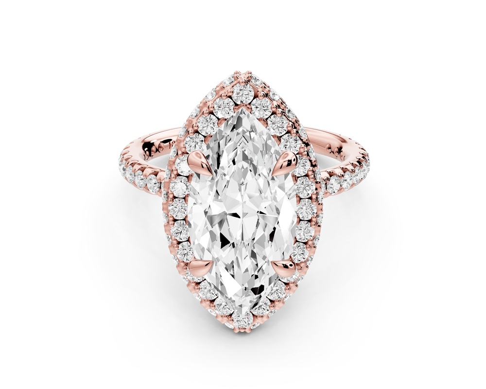 Amelie - 3ct 18k rose gold marquise Diamond with Rollover Halo and Pavé engagement Ring - Mr. Alex Jewelry