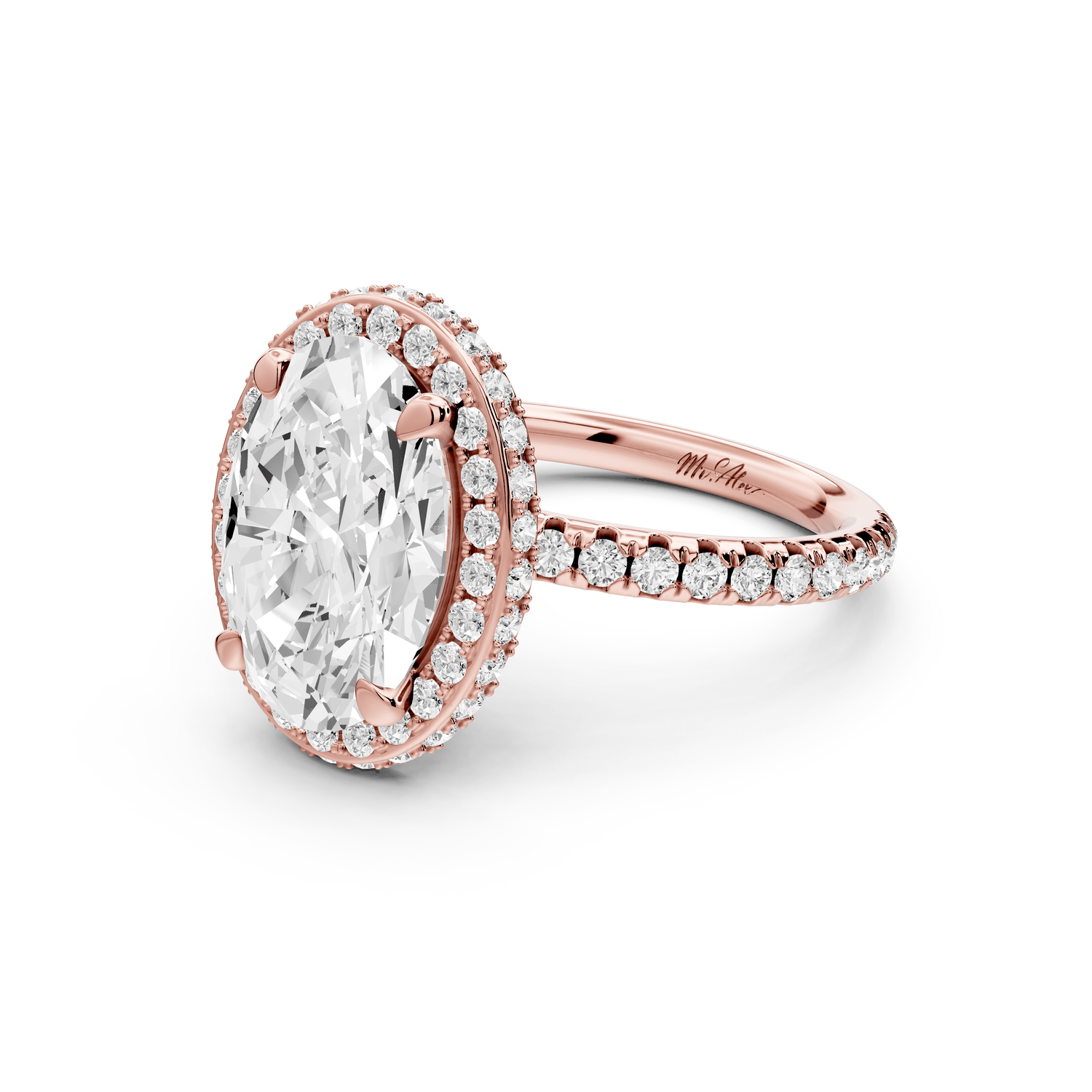 Amelie - 3ct 18k rose gold oval Diamond with Rollover Halo and Pavé Engagement Ring - Mr. Alex Jewelry
