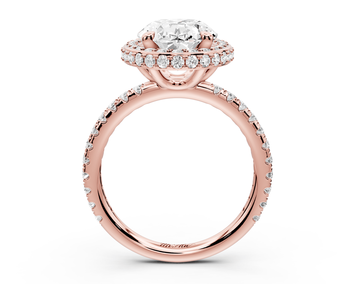 Amelie - 3ct 18k rose gold oval Diamond with Rollover Halo and Pavé Engagement Ring - Mr. Alex Jewelry