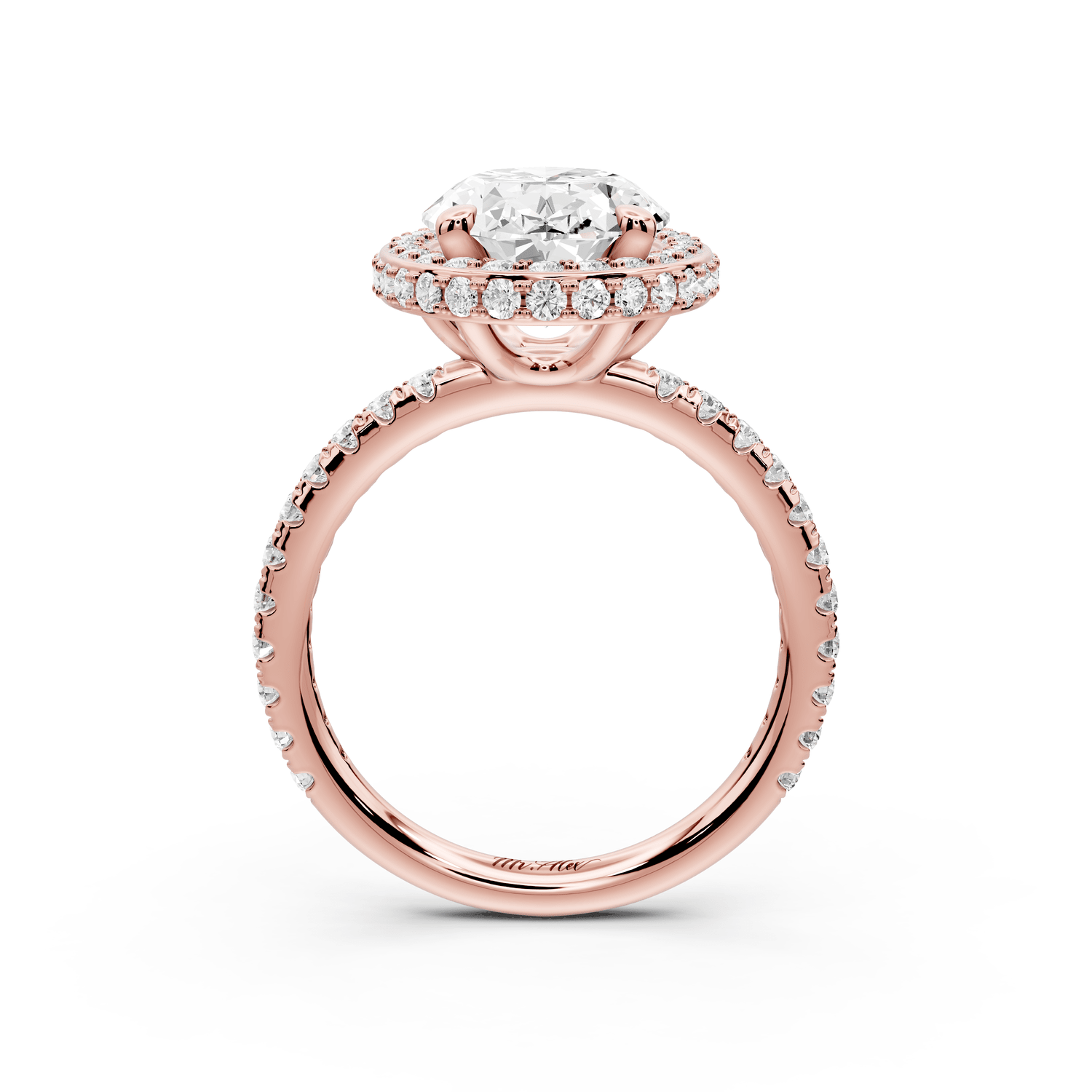 Amelie - 3ct 18k rose gold oval Diamond with Rollover Halo and Pavé Engagement Ring - Mr. Alex Jewelry
