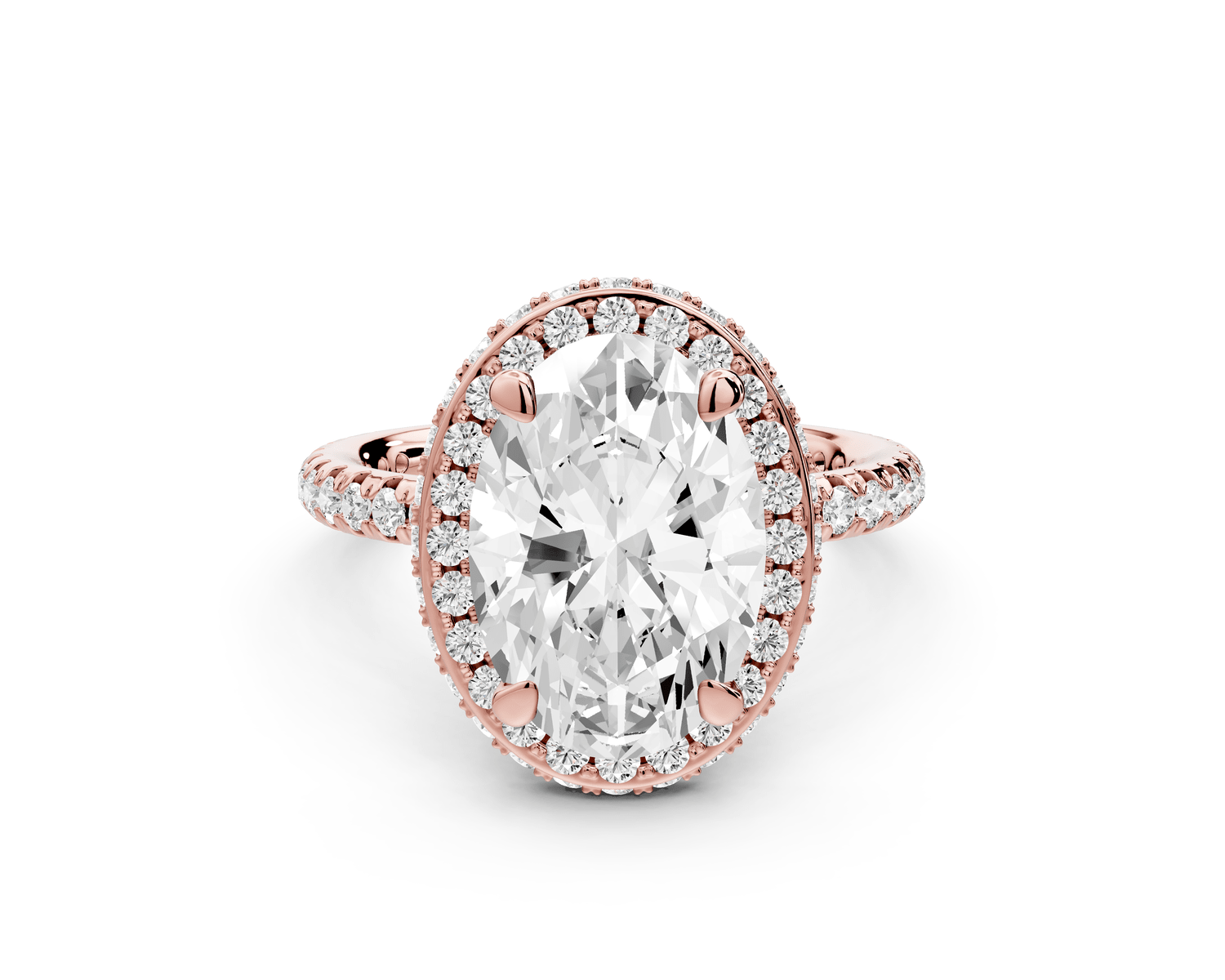 Amelie - 3ct 18k rose gold oval Diamond with Rollover Halo and Pavé Engagement Ring - Mr. Alex Jewelry