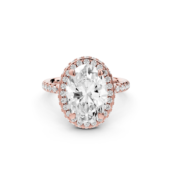Amelie - 3ct 18k rose gold oval Diamond with Rollover Halo and Pavé Engagement Ring - Mr. Alex Jewelry
