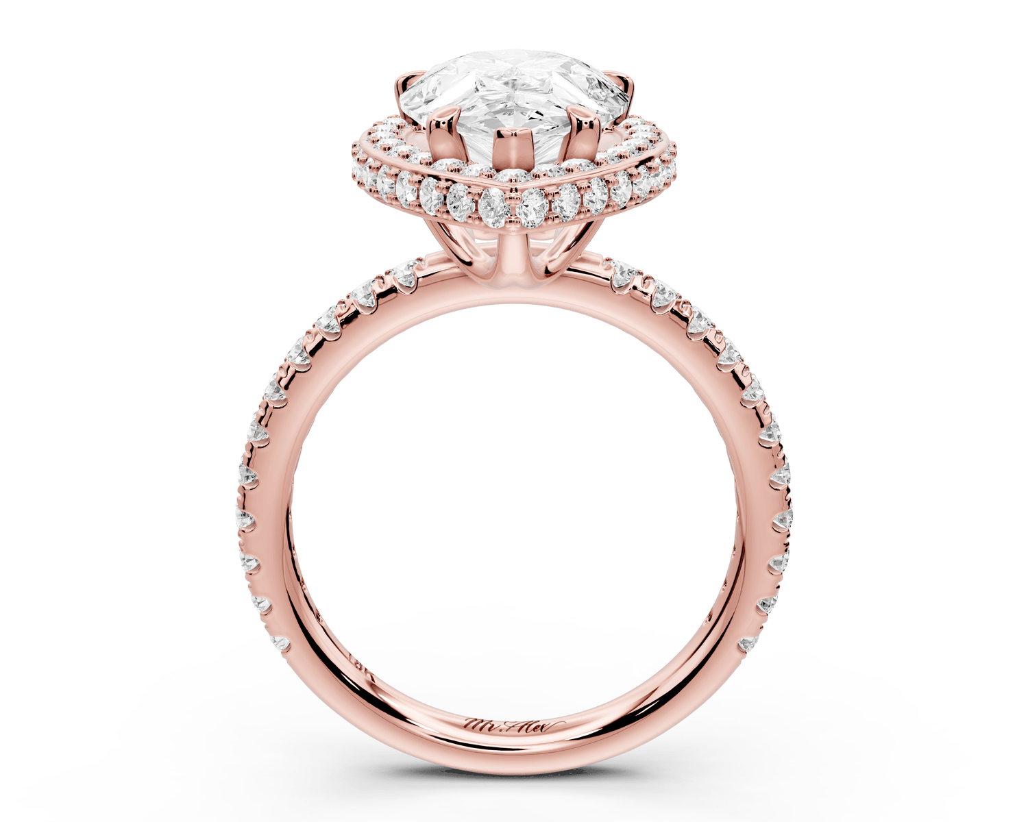 Amelie - 3ct 18k rose gold pear Diamond with Rollover Halo and Pavé Engagement Ring - Mr. Alex Jewelry