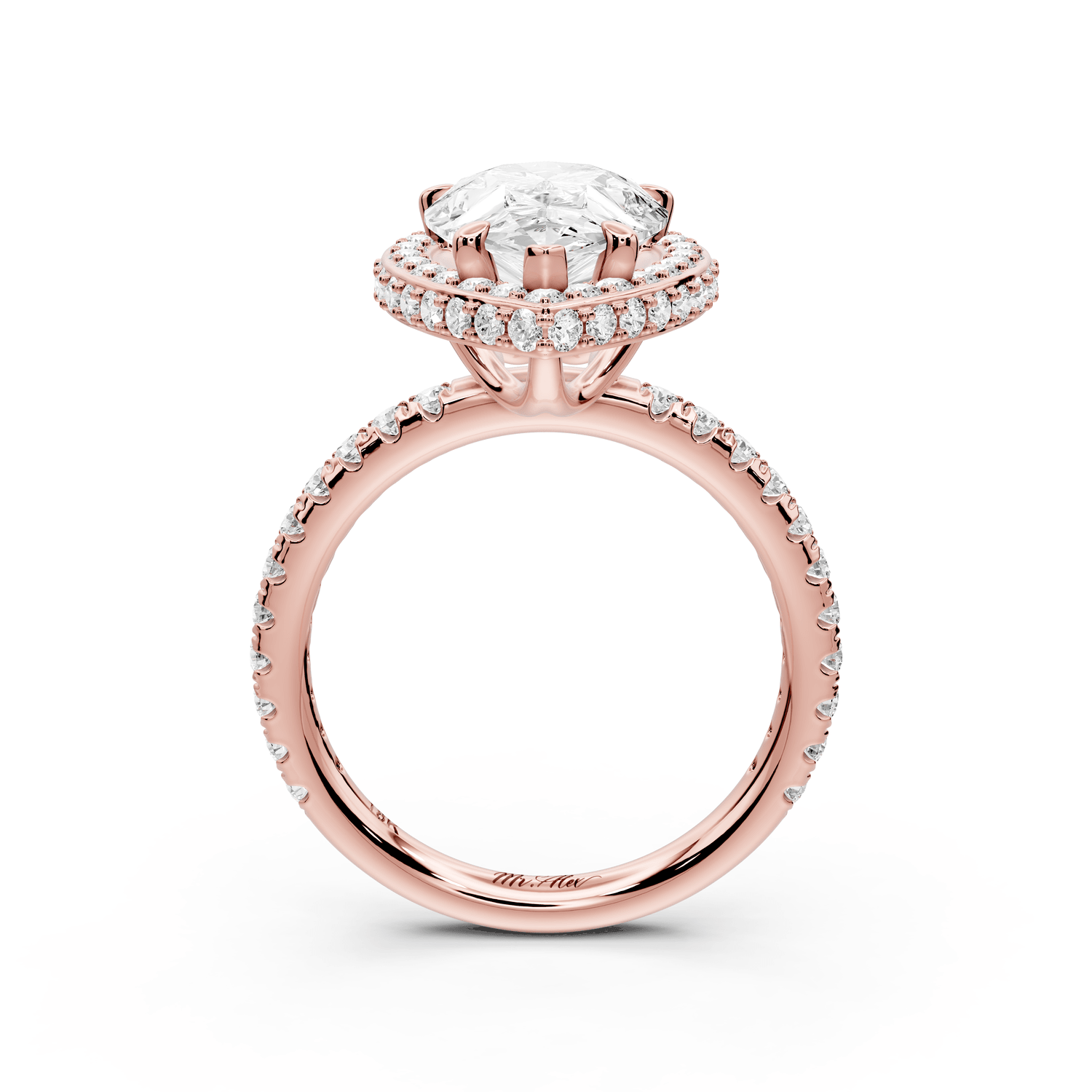 Amelie - 3ct 18k rose gold pear Diamond with Rollover Halo and Pavé Engagement Ring - Mr. Alex Jewelry