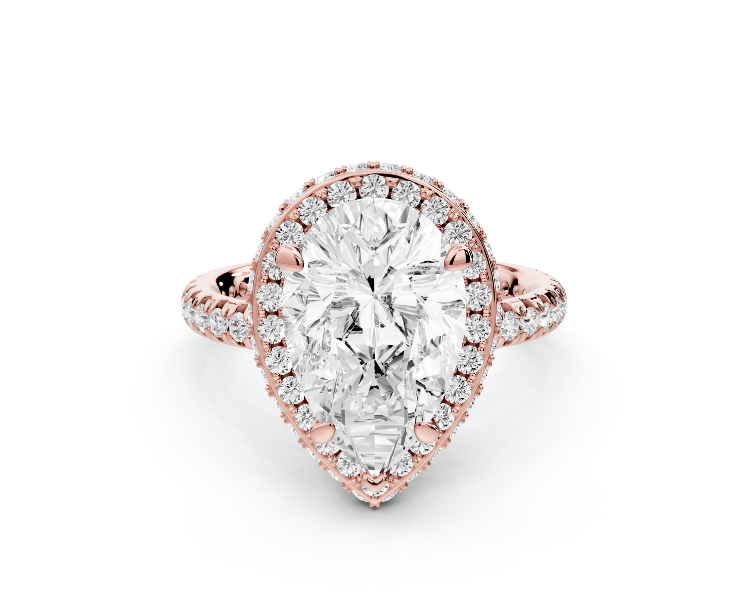 Amelie - 3ct 18k rose gold pear Diamond with Rollover Halo and Pavé Engagement Ring - Mr. Alex Jewelry