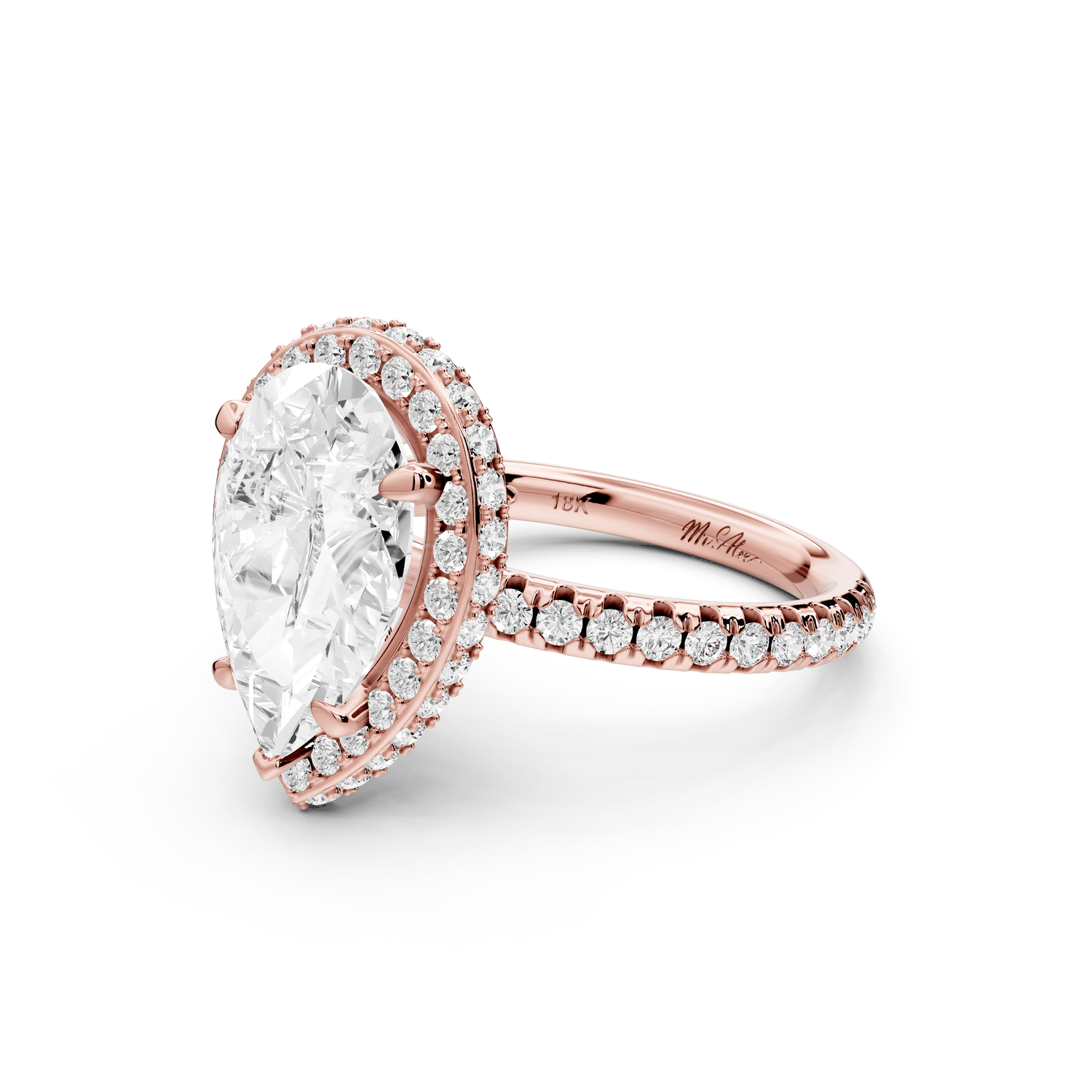 Amelie - 3ct 18k rose gold pear Diamond with Rollover Halo and Pavé Engagement Ring - Mr. Alex Jewelry