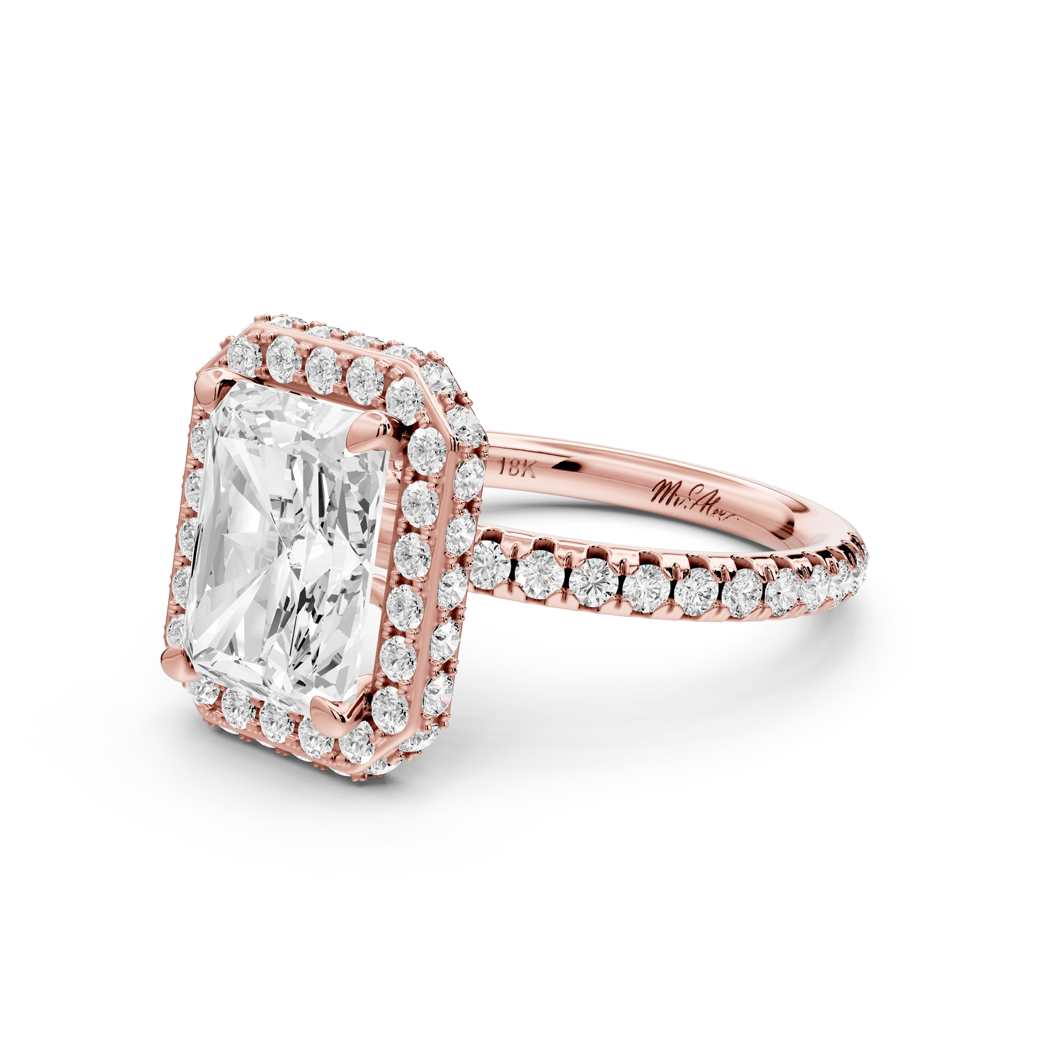 Amelie - 3ct 18k rose gold radiant Diamond with Rollover Halo and Pavé engagement Ring - Mr. Alex Jewelry