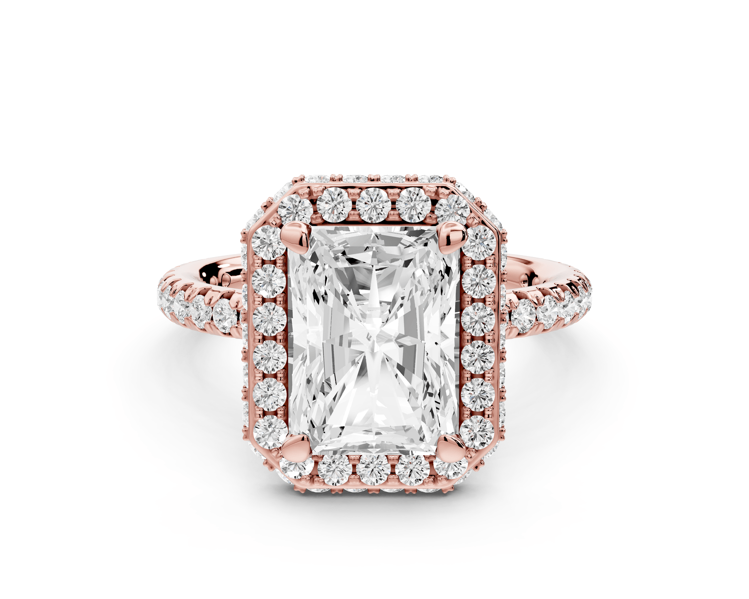 Amelie - 3ct 18k rose gold radiant Diamond with Rollover Halo and Pavé engagement Ring - Mr. Alex Jewelry