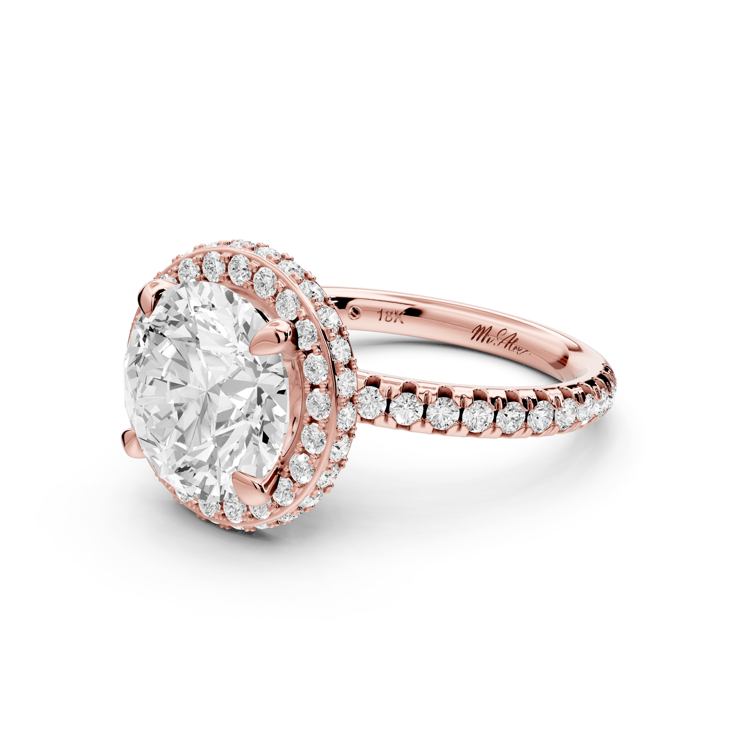 Amelie - 3ct 18k rose gold round Diamond with Rollover Halo and Pavé Engagment Ring - Mr. Alex Jewelry