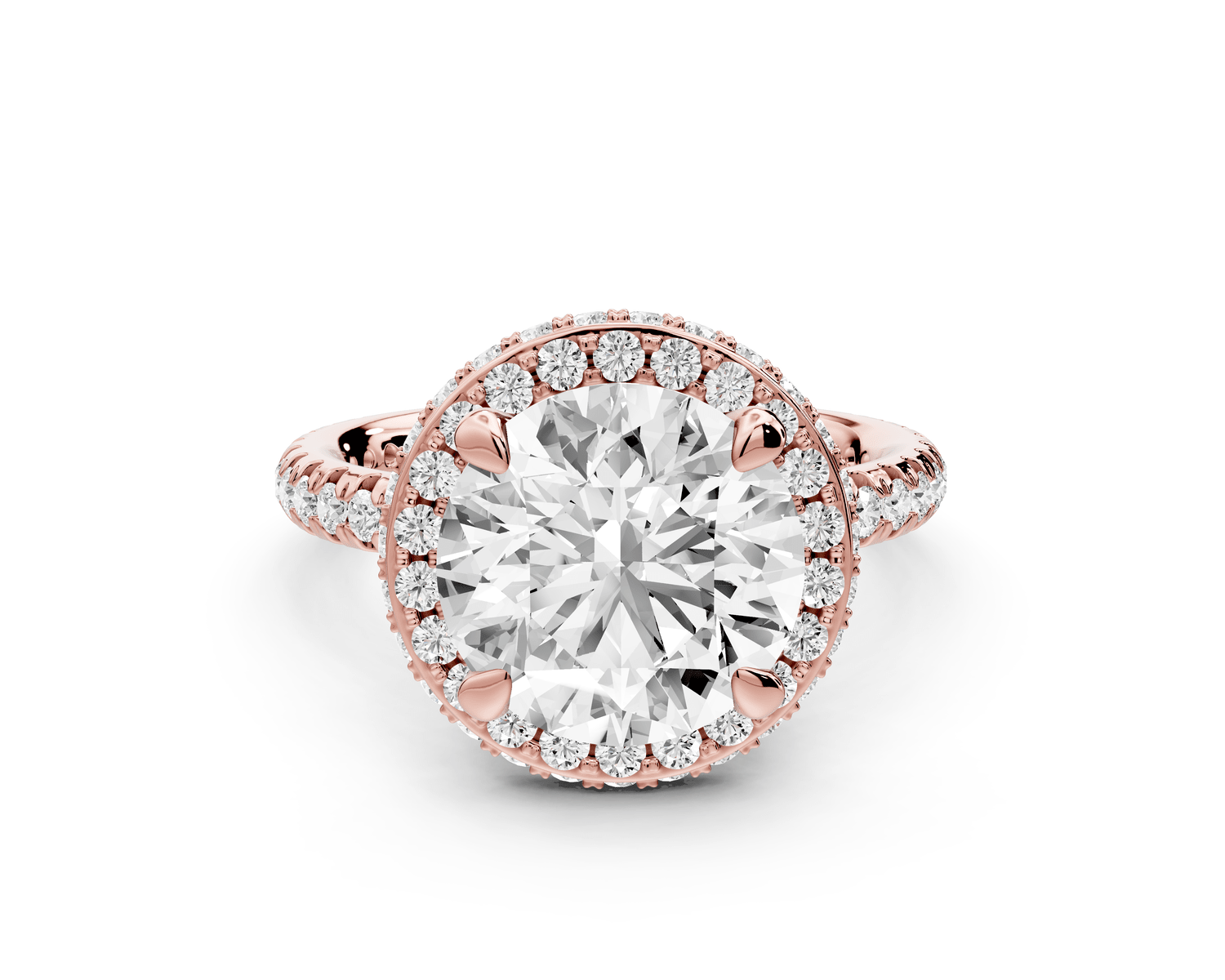 Amelie - 3ct 18k rose gold round Diamond with Rollover Halo and Pavé Engagment Ring - Mr. Alex Jewelry