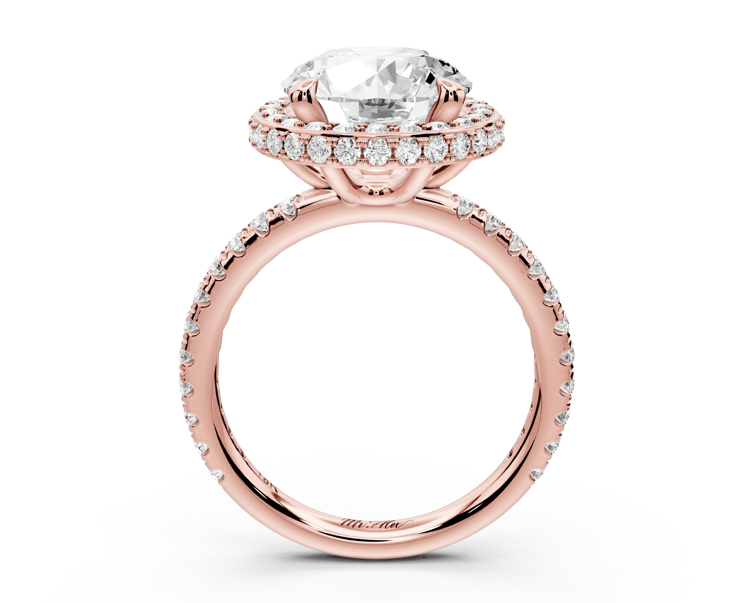 Amelie - 3ct 18k rose gold round Diamond with Rollover Halo and Pavé Engagment Ring - Mr. Alex Jewelry