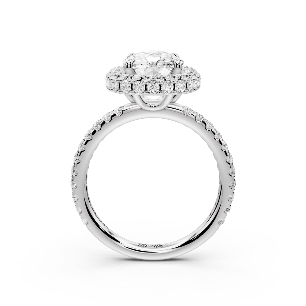Amelie - 3ct 18k white gold ecushion Diamond with Rollover Halo and Pavé engagement Ring - Mr. Alex Jewelry