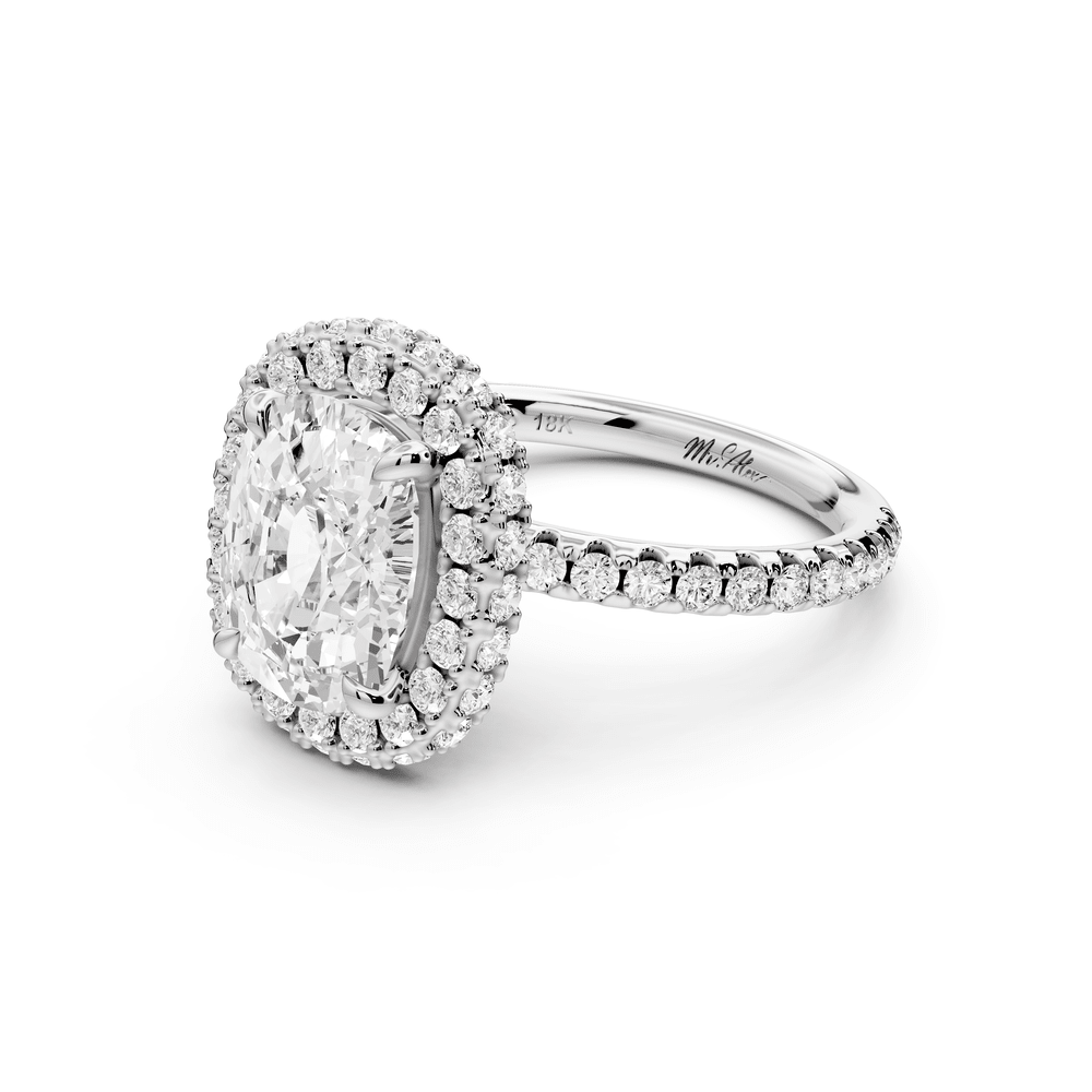 Amelie - 3ct 18k white gold ecushion Diamond with Rollover Halo and Pavé engagement Ring - Mr. Alex Jewelry