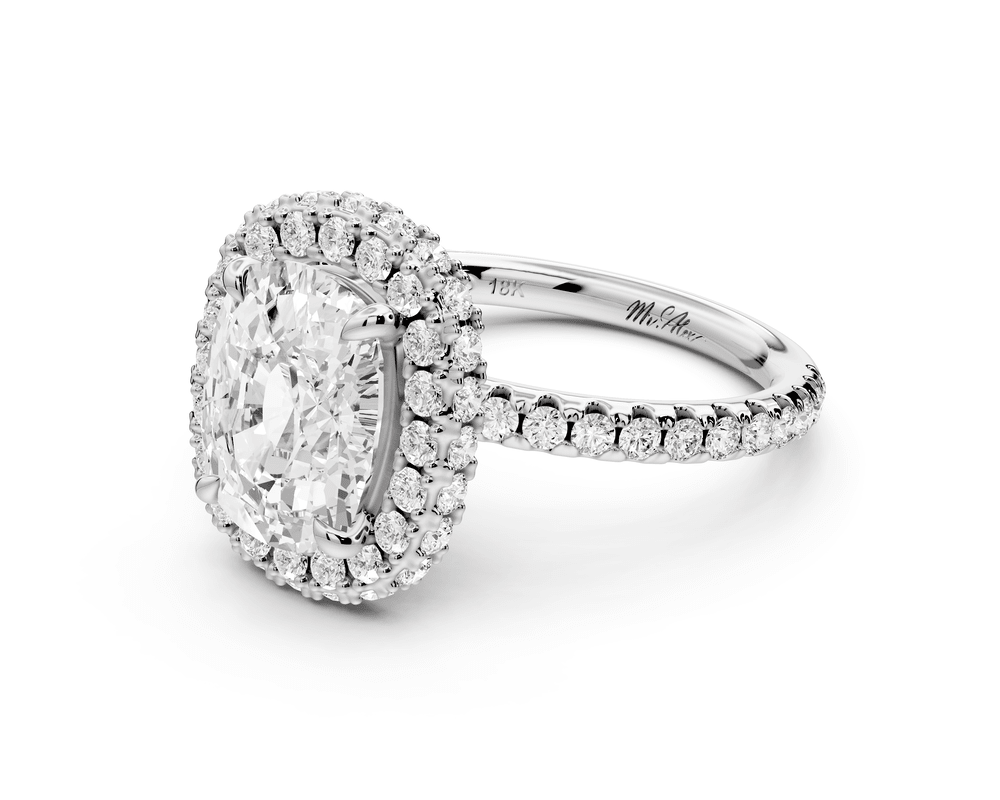 Amelie - 3ct 18k white gold ecushion Diamond with Rollover Halo and Pavé engagement Ring - Mr. Alex Jewelry