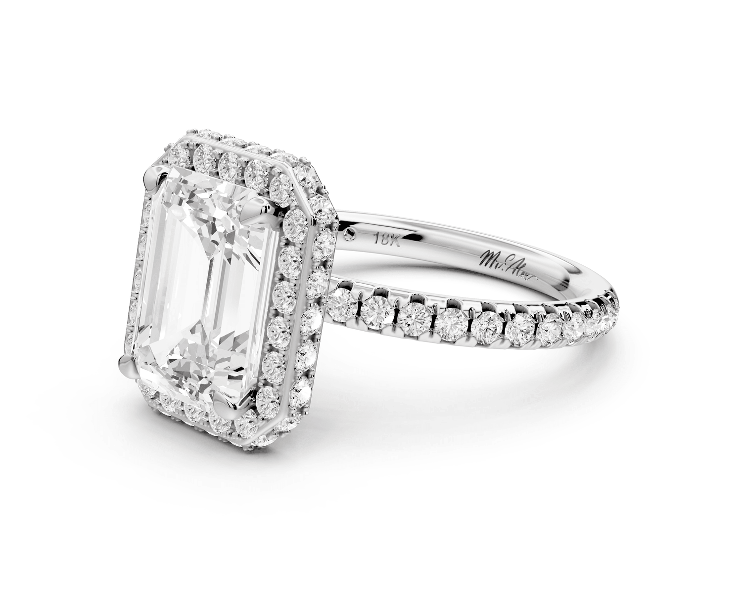 Amelie - 3ct 18k white gold emerald Diamond with Rollover Halo and Pavé Engagement Ring - Mr. Alex Jewelry