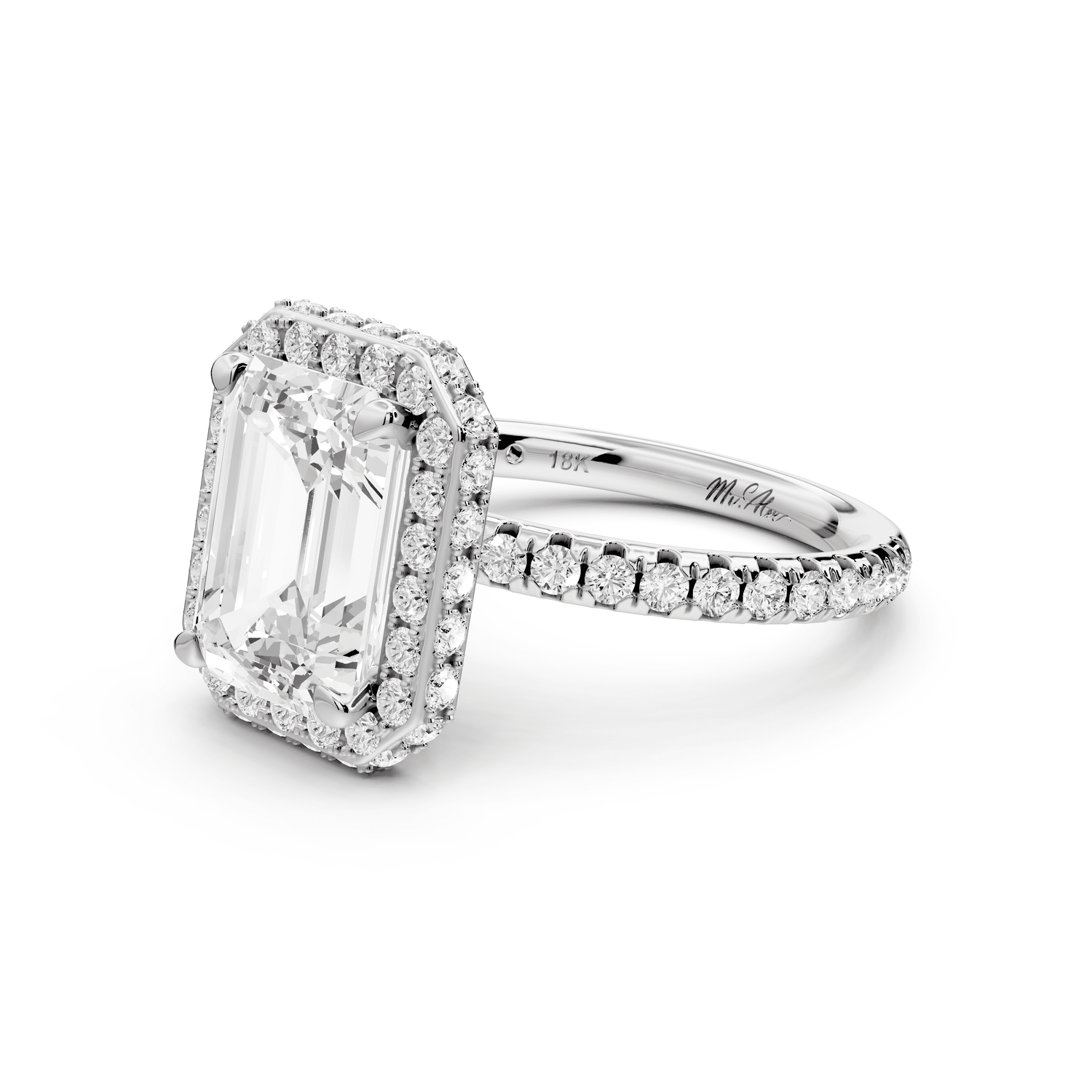 Amelie - 3ct 18k white gold emerald Diamond with Rollover Halo and Pavé Engagement Ring - Mr. Alex Jewelry
