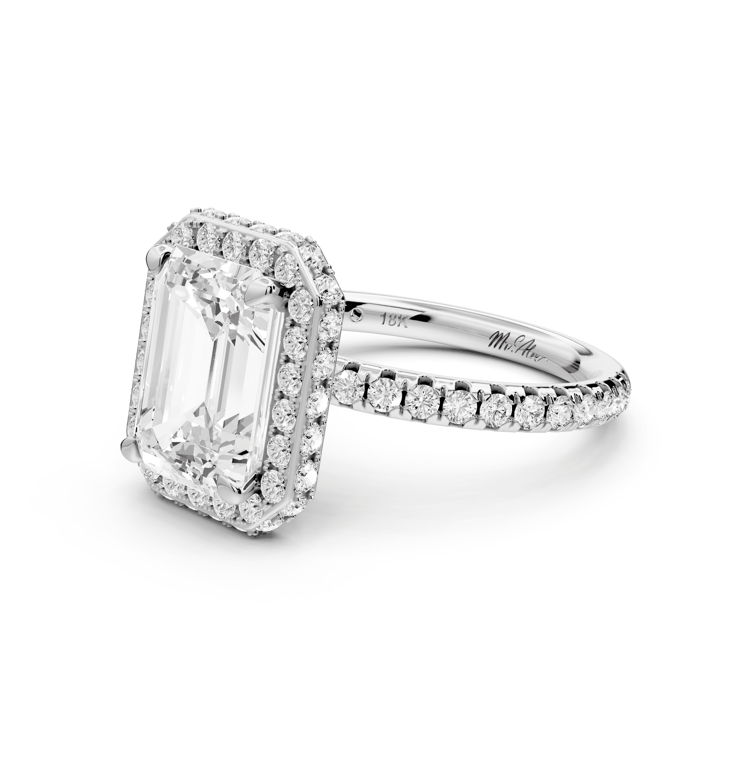 Amelie - 3ct 18k white gold emerald Diamond with Rollover Halo and Pavé Engagement Ring - Mr. Alex Jewelry