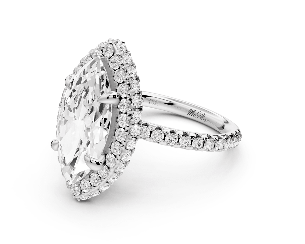 Amelie - 3ct 18k white gold marquise Diamond with Rollover Halo and Pavé engagement Ring - Mr. Alex Jewelry