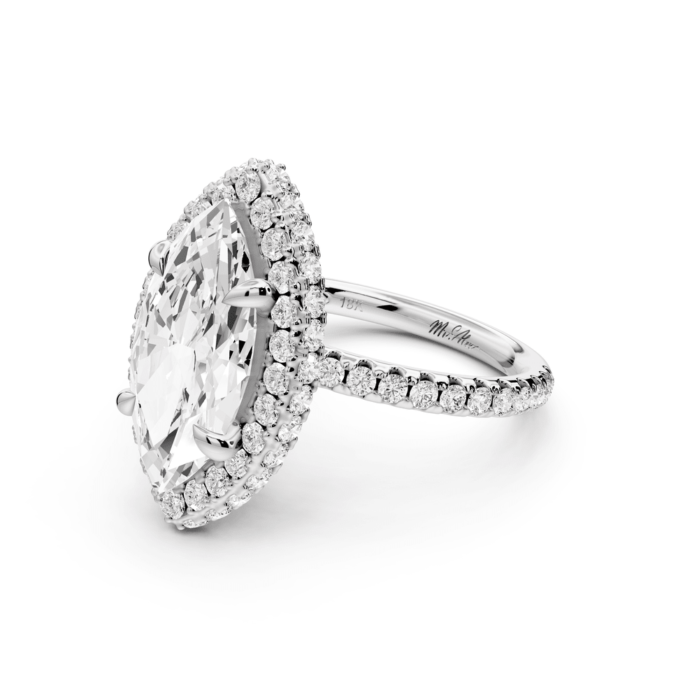 Amelie - 3ct 18k white gold marquise Diamond with Rollover Halo and Pavé engagement Ring - Mr. Alex Jewelry