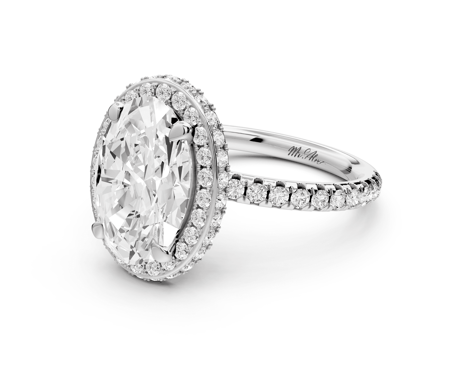 Amelie - 3ct 18k white gold oval Diamond with Rollover Halo and Pavé Engagement Ring - Mr. Alex Jewelry