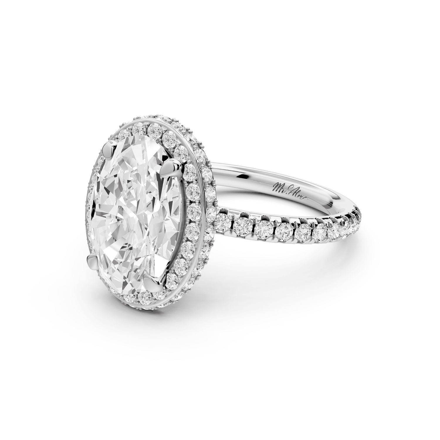 Amelie - 3ct 18k white gold oval Diamond with Rollover Halo and Pavé Engagement Ring - Mr. Alex Jewelry